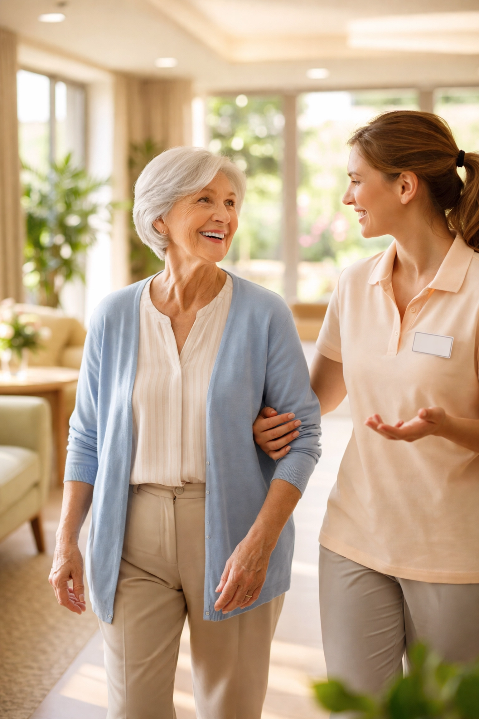 Senior woman touring Sarasota assisted living facility with friendly staff guidance