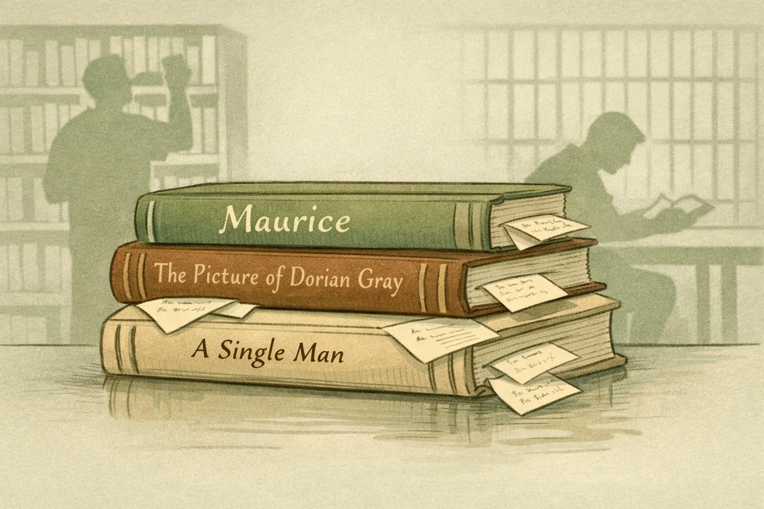Classic gay literature stack with secret notes - Maurice, Dorian Gray, A Single Man
