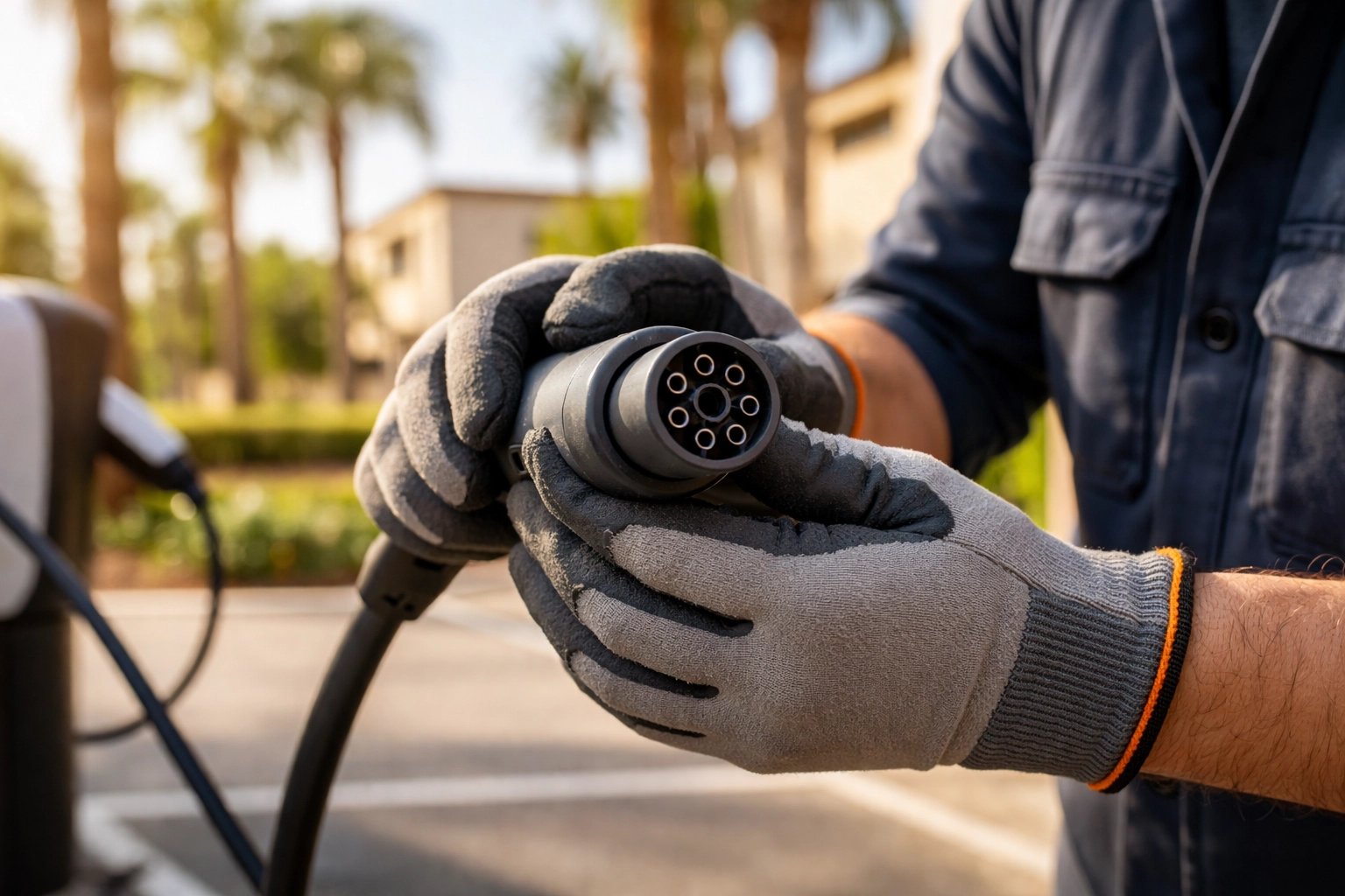 Electrician inspecting EV charging cable connector during routine maintenance at apartment complex