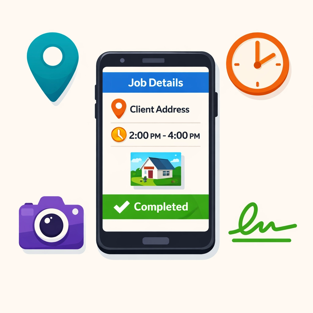 Mobile job management app interface showing scheduling, GPS, time tracking, and photo features