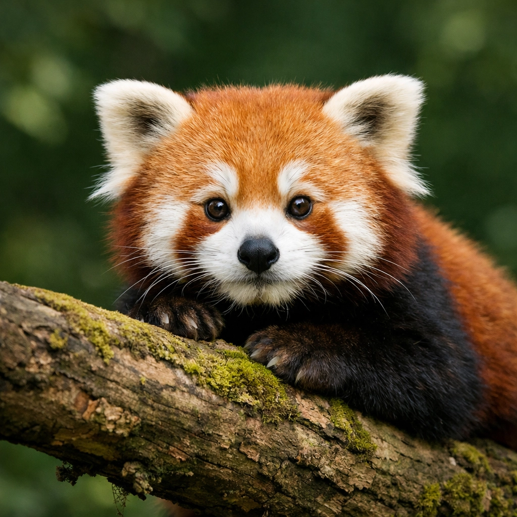 Eye-level portrait of a Red Panda on a mossy branch, showing an intimate species spotlight.