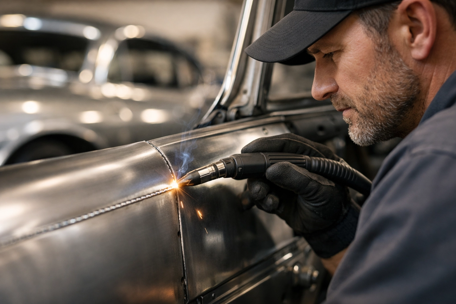 Professional car restoration welding using an Argon gas mix for a clean, smooth finish.