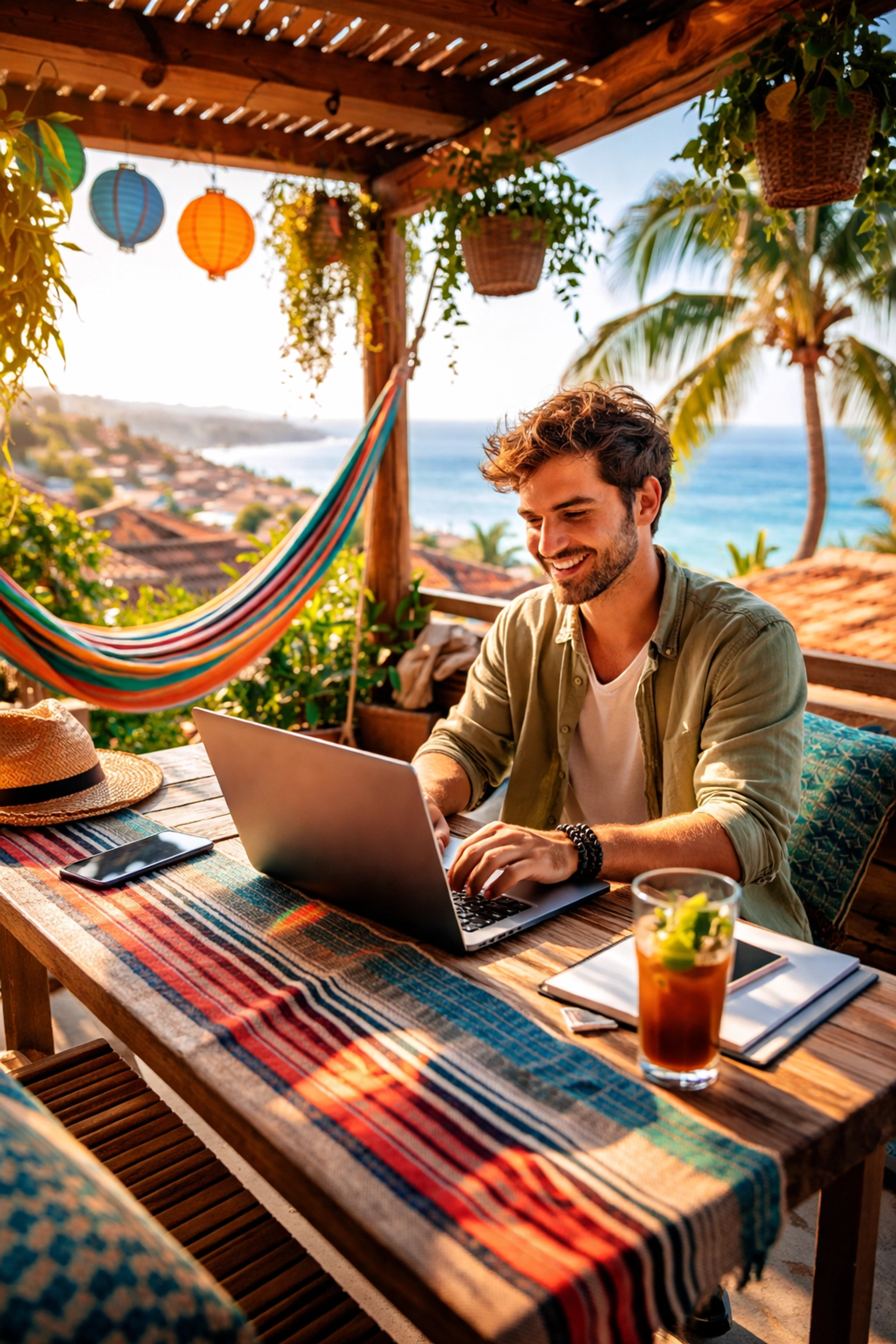Digital nomad working outdoors on a shaded terrace in Puerto Vallarta with bay and rooftop views in the background