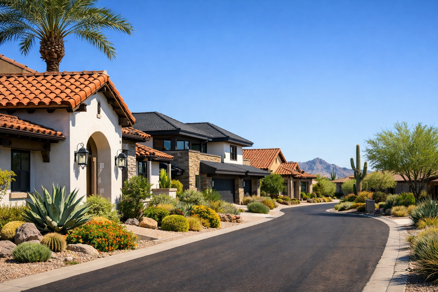 Phoenix neighborhood showing diverse residential roof types including clay tiles and asphalt shingles.