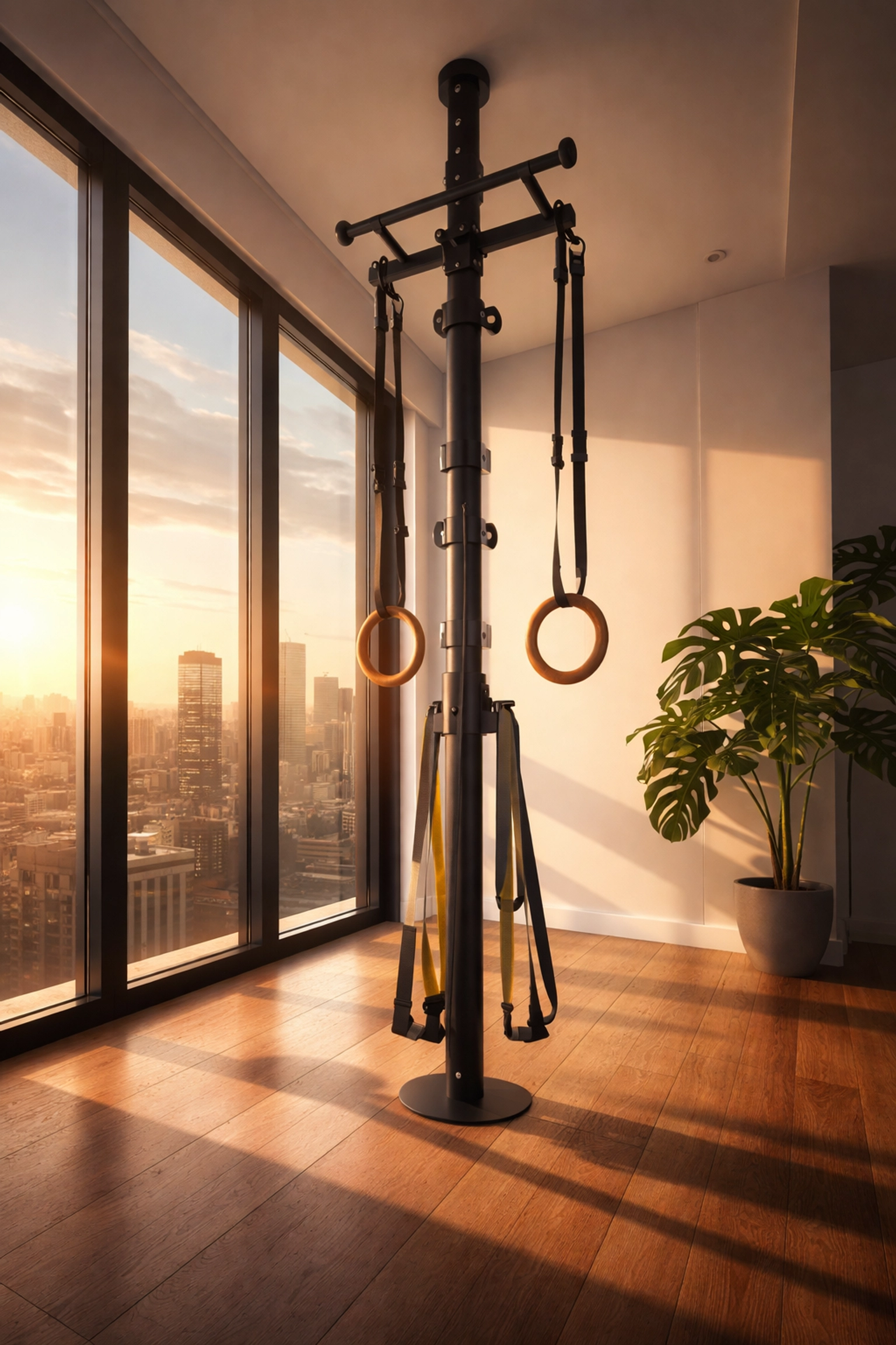 Floor-to-ceiling gym system with gymnastic rings installed in modern apartment for bodyweight training at home