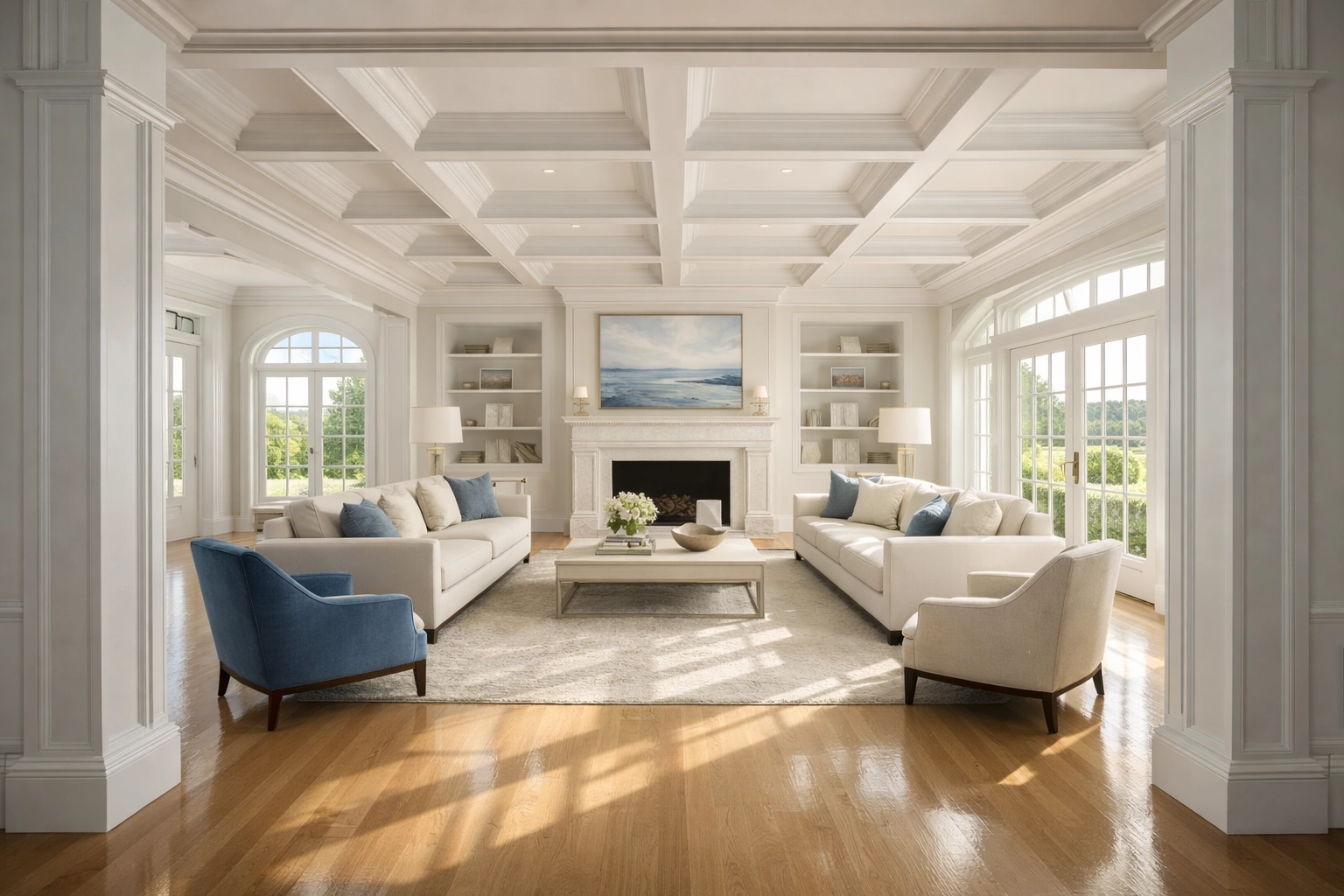 Grand living room in a Massachusetts estate reflecting high-end residential cleaning standards.