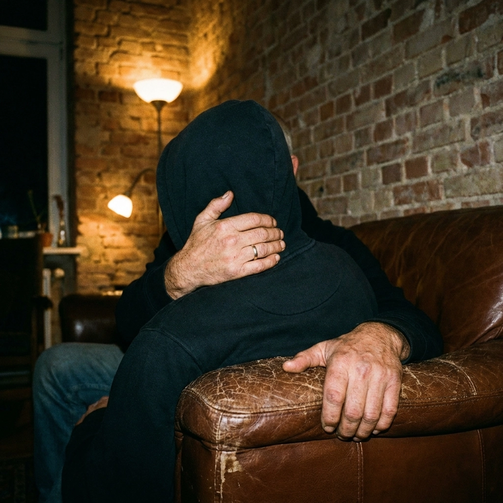 Two hands, one gripping a neck and the other a sofa, showing power exchange and connection in an objectification play context.