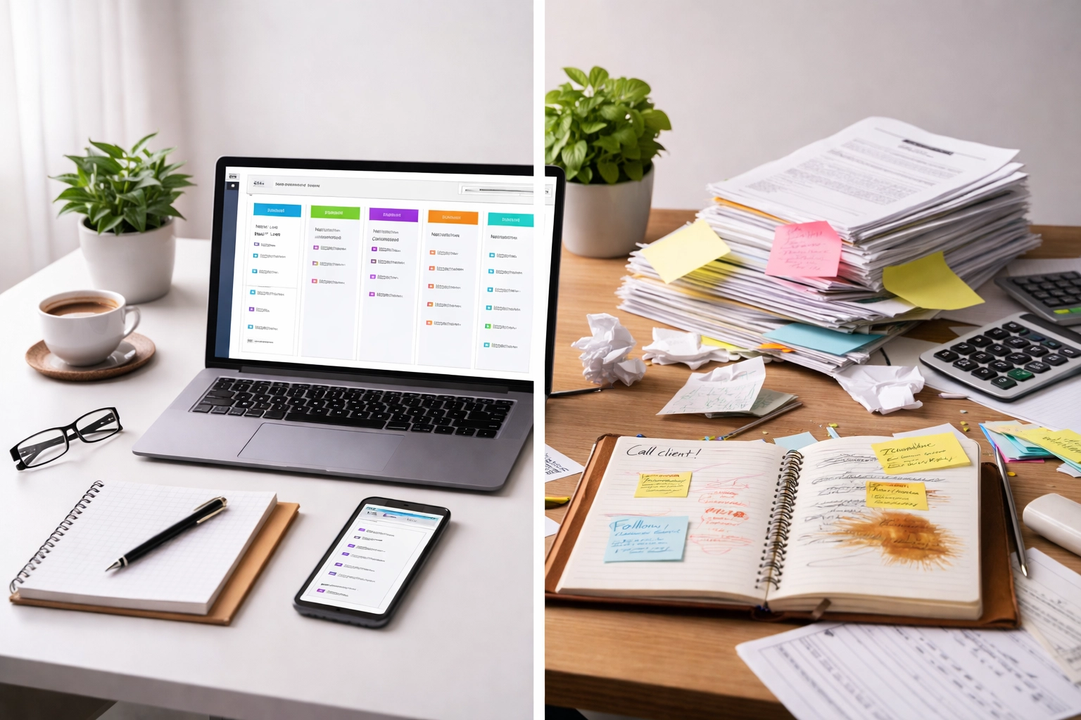 Contractor workspace showing organized CRM dashboard and chaotic paperwork, highlighting the impact of contractor systems.
