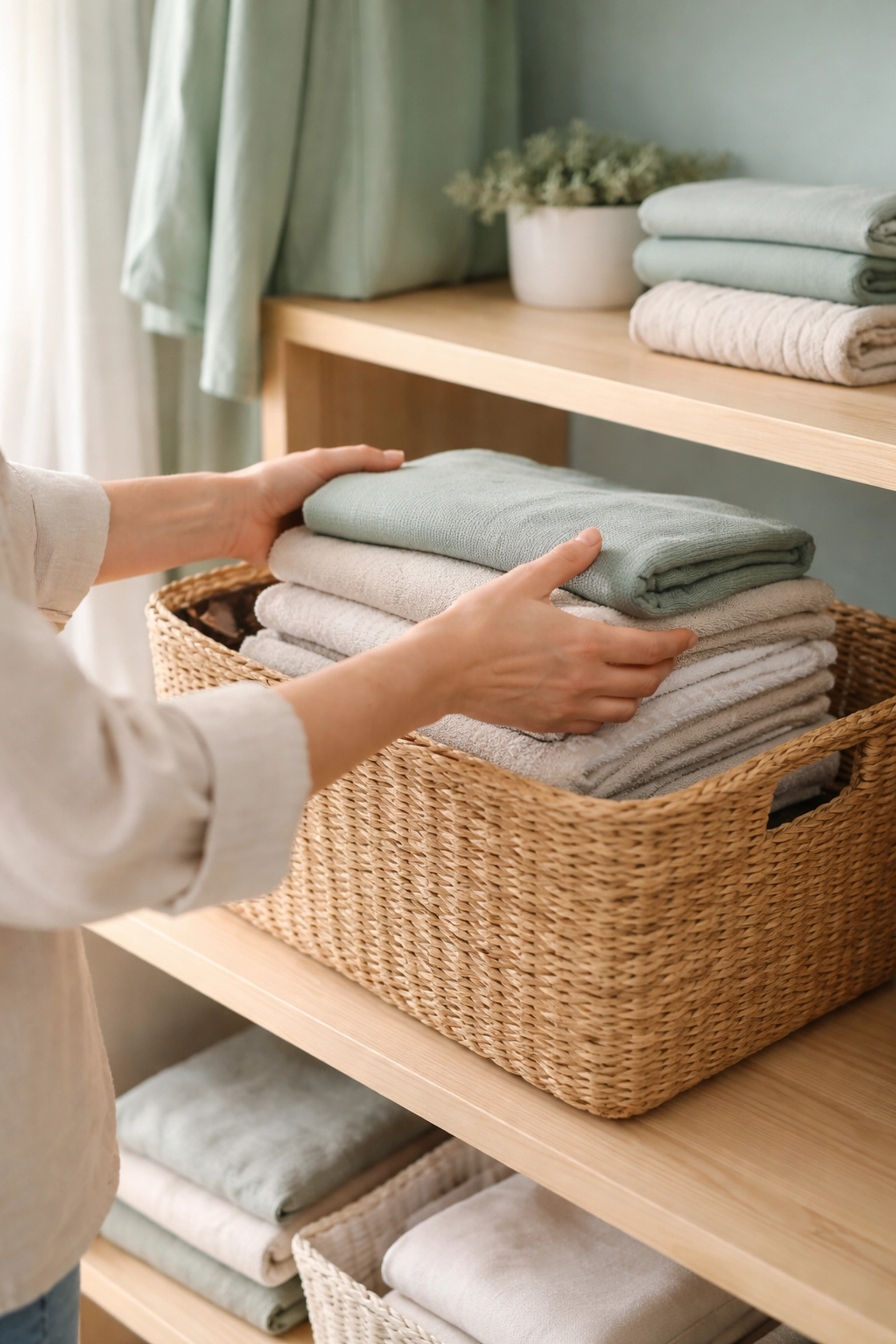 Woman's hands organizing folded clothes into a basket, highlighting stress-free home organization habits.