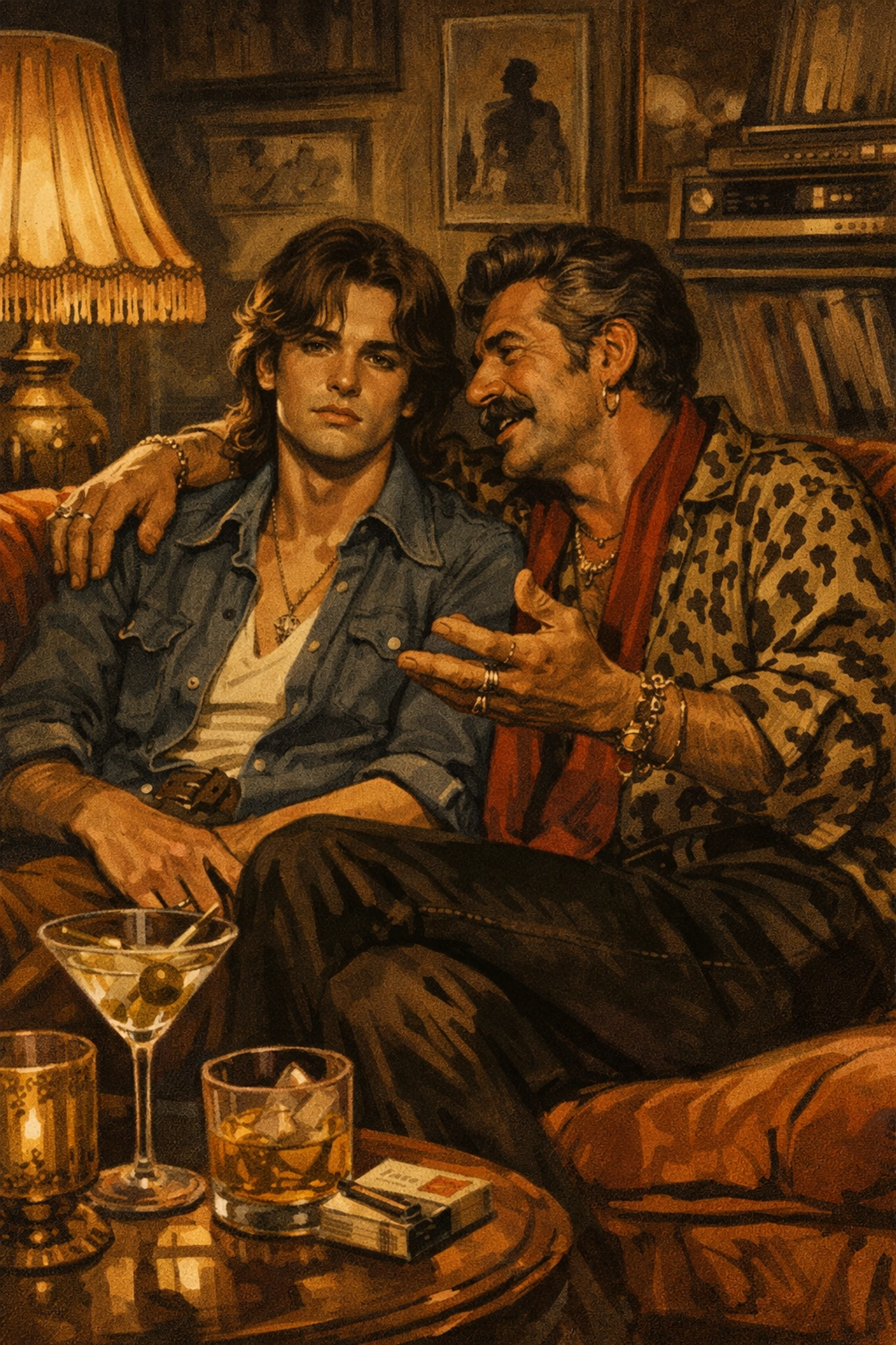 Two gay men sharing intimate moment in 1970s apartment depicting queer chosen family