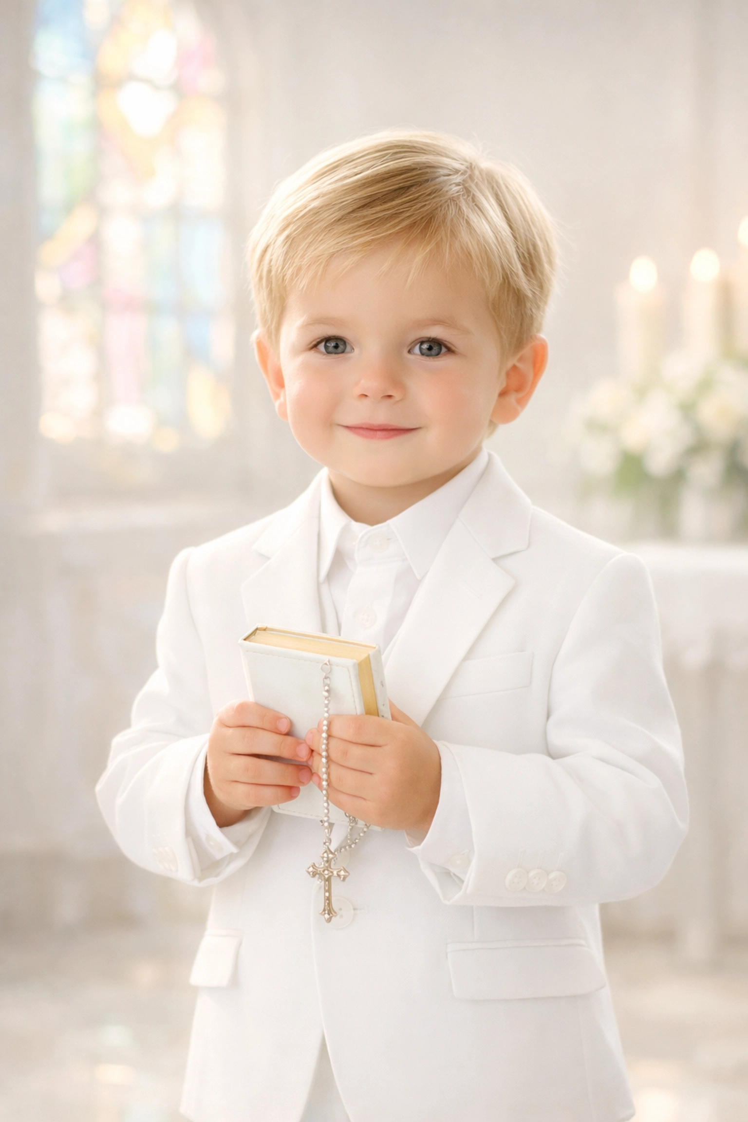 Young boy in white first communion suit at church ceremony