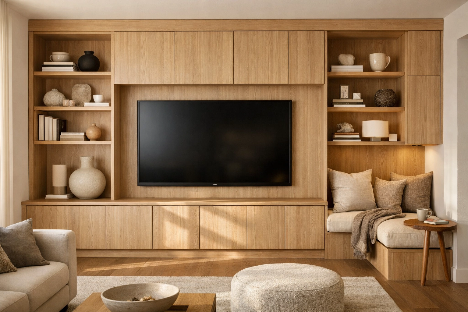 Custom built-in wall system with white oak cabinetry maximizing storage in Orlando home remodel
