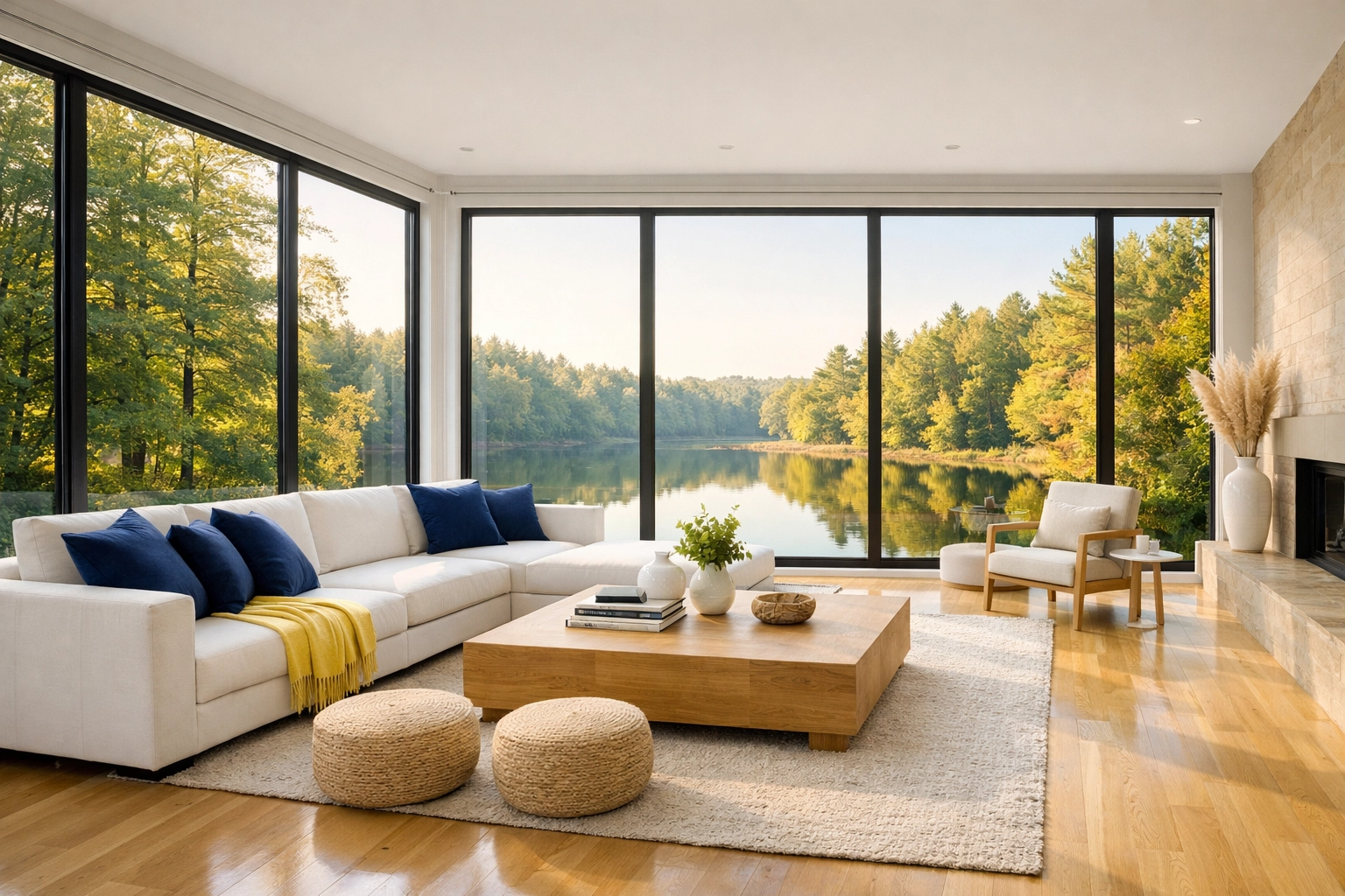 Reliable House Cleaning Concord results in a Zen, minimalist living room with spotless light-oak floors.