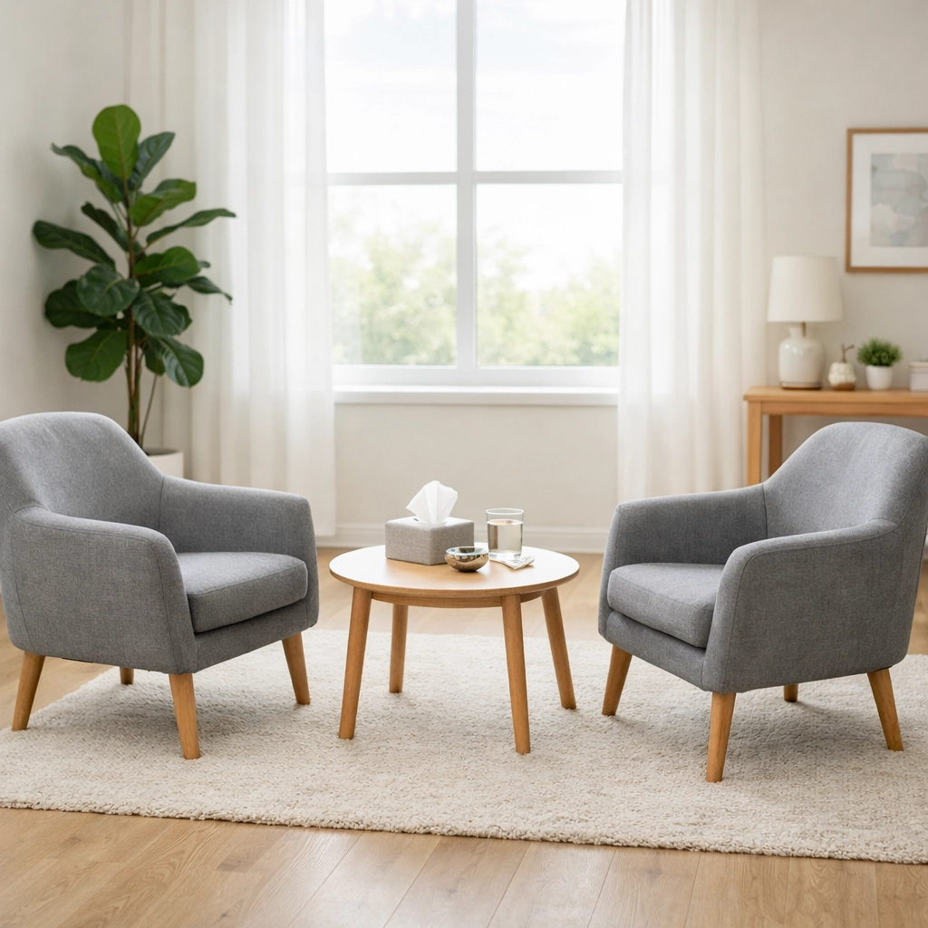 A modern, bright counseling office with two chairs, highlighting a supportive space for professional therapy.