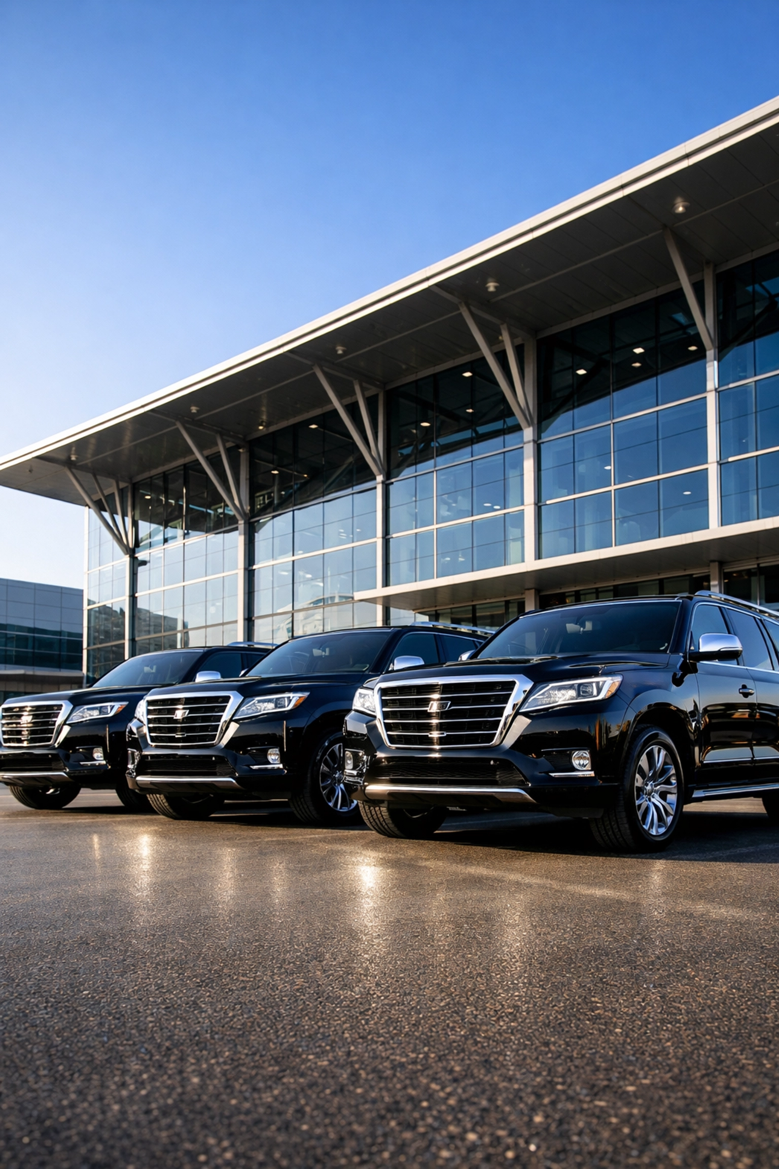 Fleet of black luxury SUVs parked outside an event venue for Super Bowl executive transportation.
