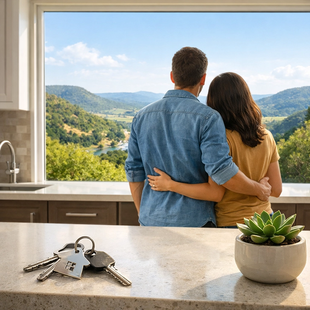 First-time buyers in a modern kitchen with keys, looking out at the Helotes Hill Country scenery.