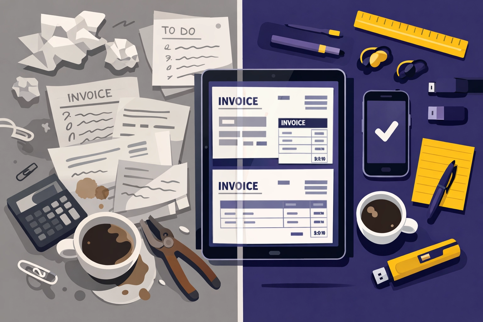 Vergleich: Papier-Chaos vs. digitale Rechnungslegung mit KI-Automatisierung im Handwerk