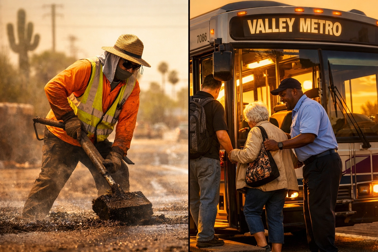 Street maintenance worker in Phoenix heat and Valley Metro bus driver serving community