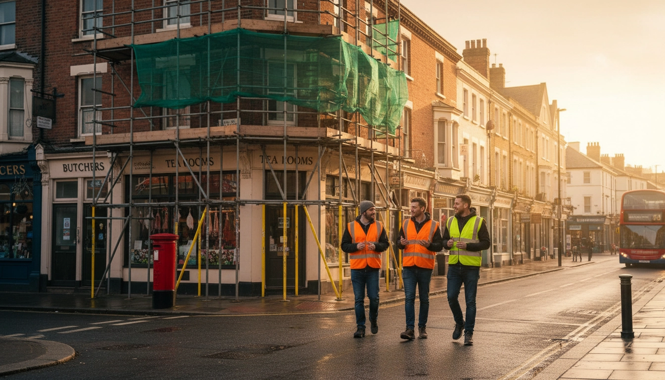 Three workers in orange and yellow vests walk by a scaffolded building on a sunny street, with "Butchers" and "Tea Rooms" signs visible.