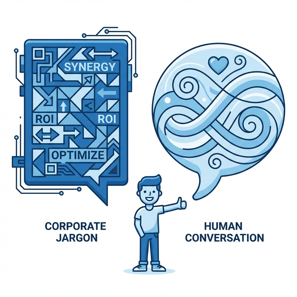 Contrast between robotic and human speech bubbles, emphasizing conversational website copy versus corporate jargon