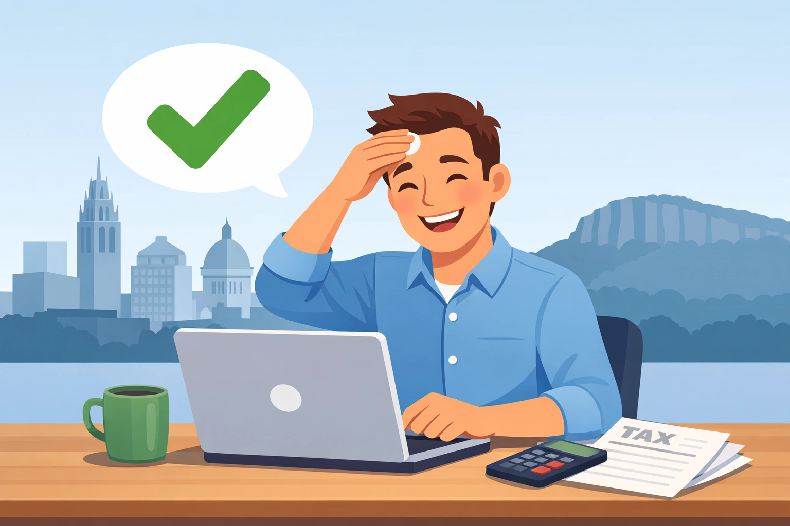 A happy New Haven resident successfully filing 2026 taxes with a professional tax preparation service.