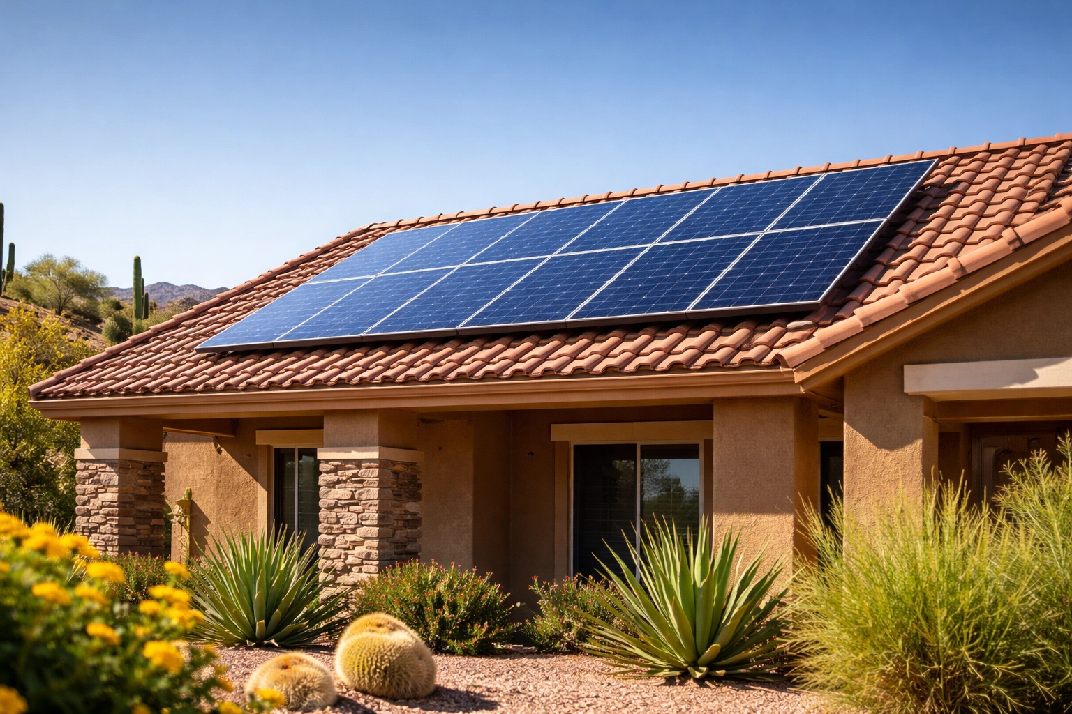 Arizona home with paid off solar panels on the roof, representing energy savings and eco-friendly real estate in Buckeye.