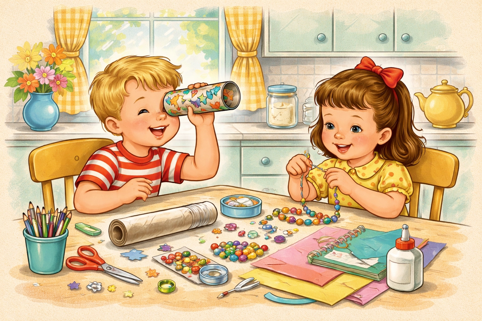 Child using homemade kaleidoscope at kitchen table with craft supplies, learning about light and patterns