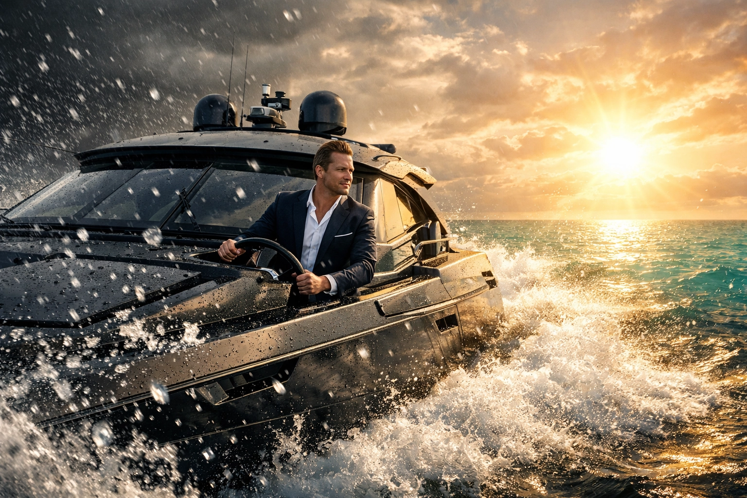 A sleek black yacht navigating out of a storm toward calm seas, representing financial sovereignty and empowerment.