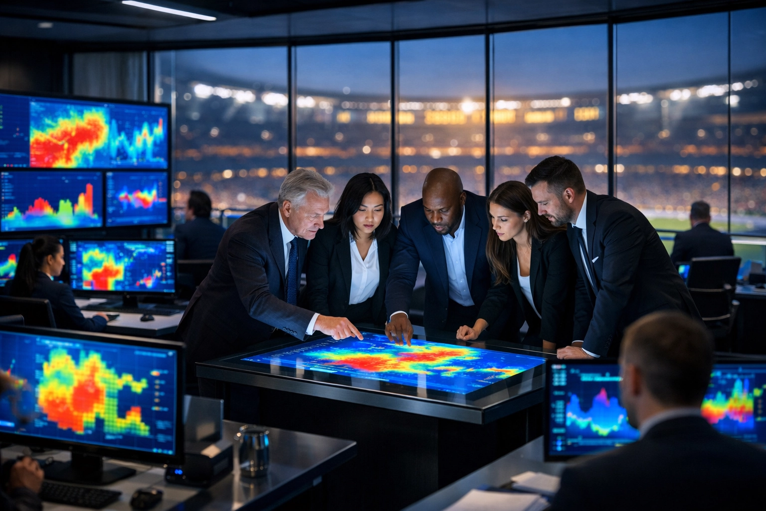 High-tech command center monitoring real-time data for a Super Bowl branding blitz strategy.