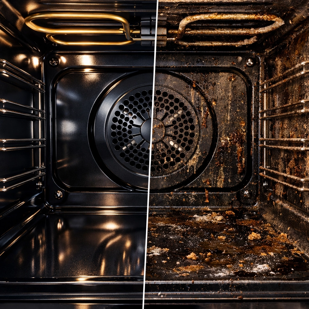 Before and after comparison showing clean versus dirty oven for property cleaning standards documentation