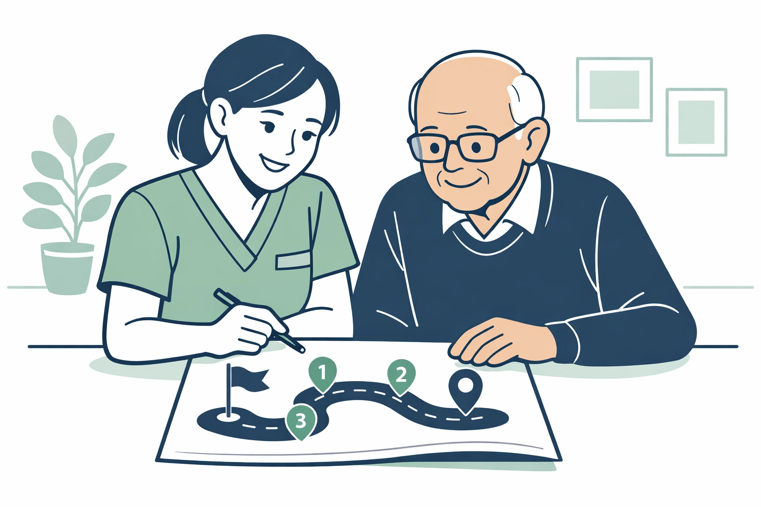 Caregiver and senior reviewing a personalized companion care plan together.