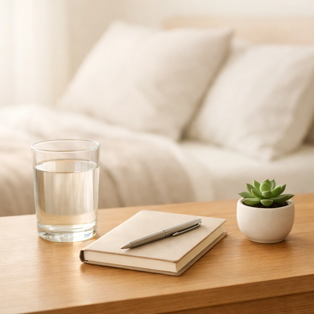 A minimalist bedside setup with a recovery journal and water, promoting self-care routines.