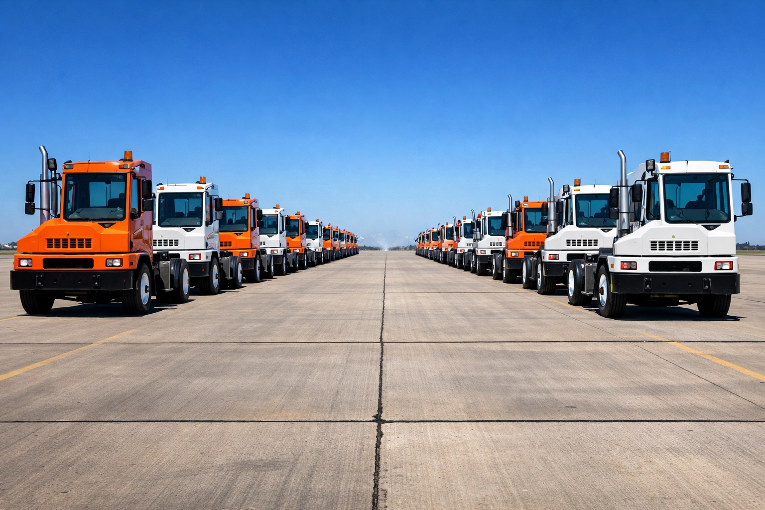 A fleet of orange and white terminal tractors ready for operation in a Texas industrial lot.