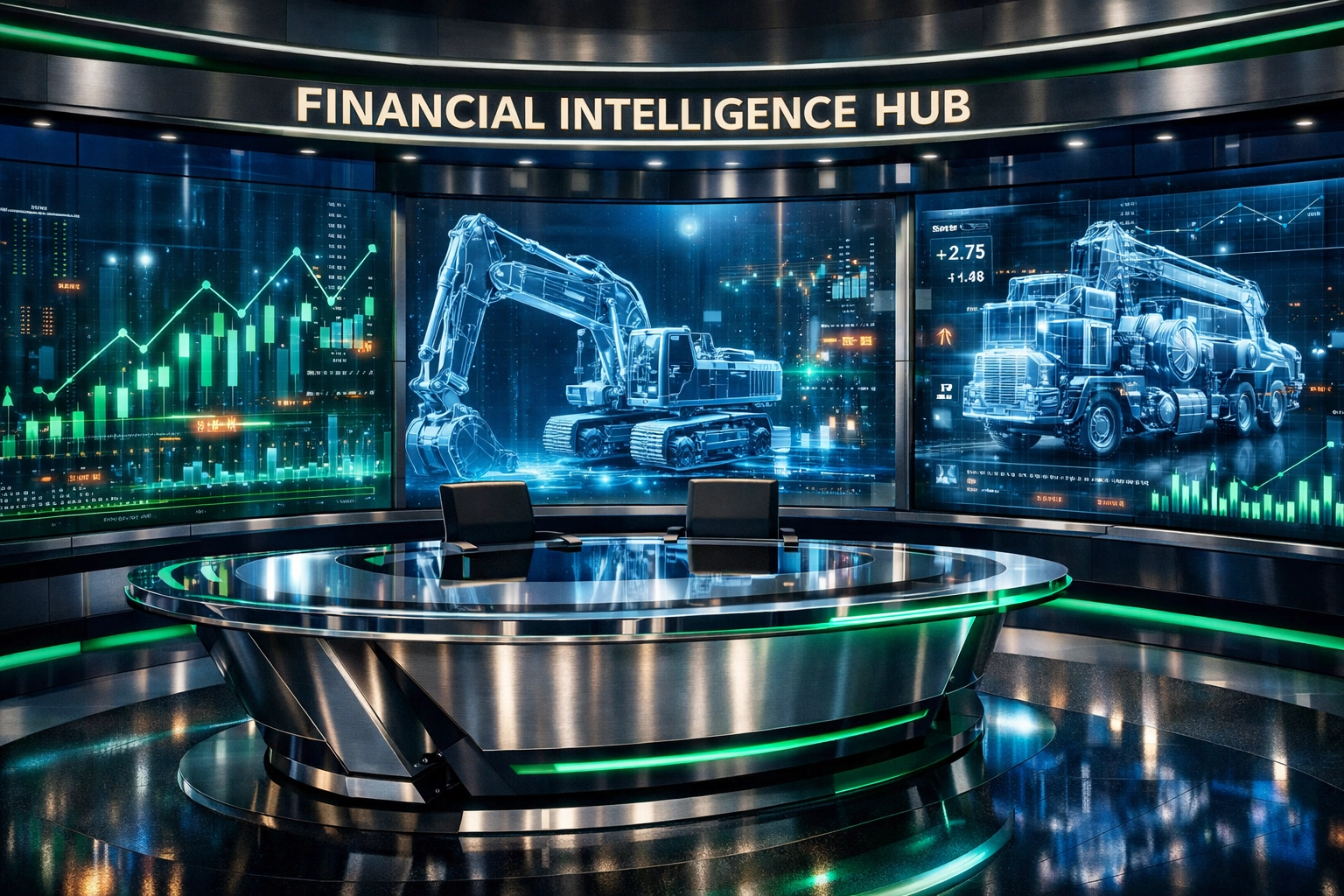 Modern financial newsroom displaying data visualizations for independent equipment financing market trends.