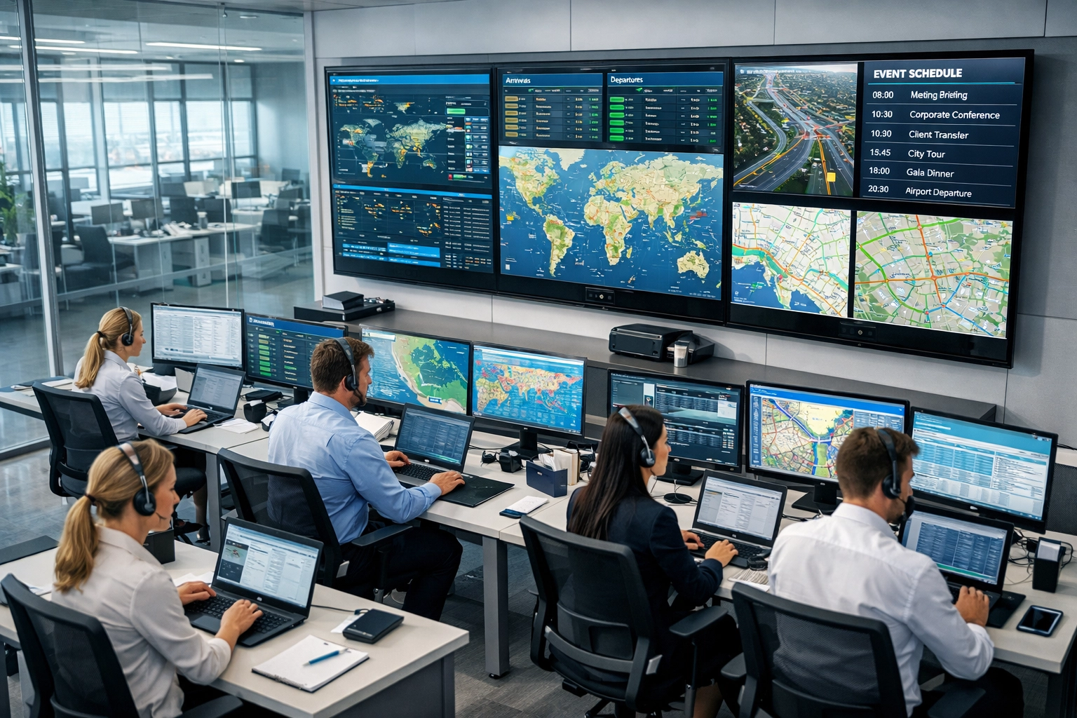 Corporate travel coordination center with real-time monitoring for VIP concierge services