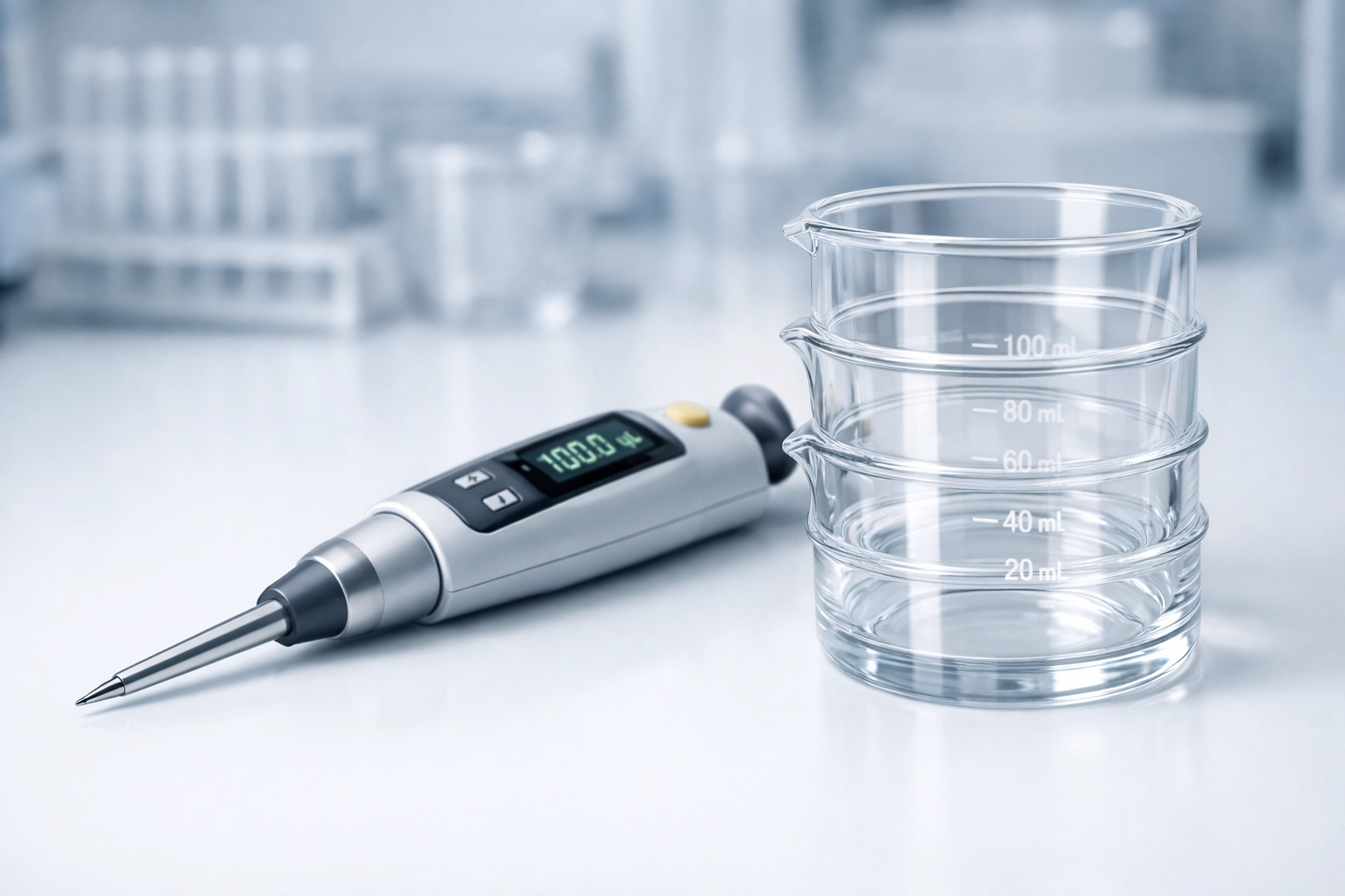 Precision stainless steel pipette and laboratory glassware in a clinical research setting.