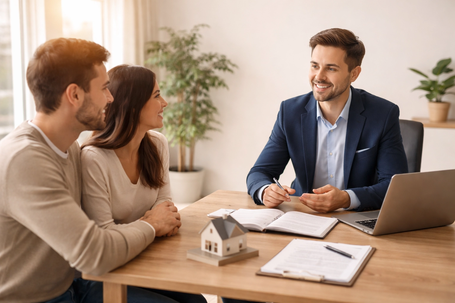Estate agent meeting with smiling clients at a bright, modern office to discuss property sales expectations.