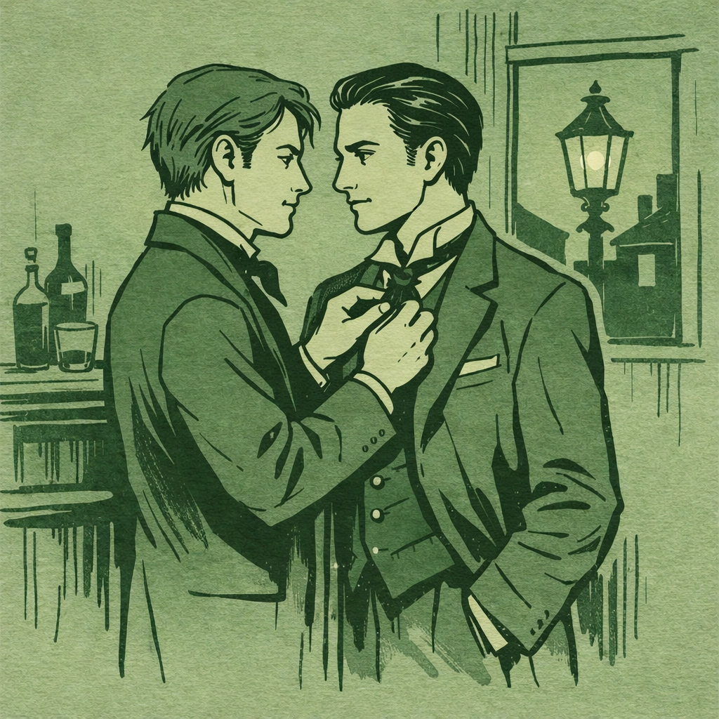 Hand-drawn scene of two men in a historical Soho setting, reflecting the resilience of gay historical romance.