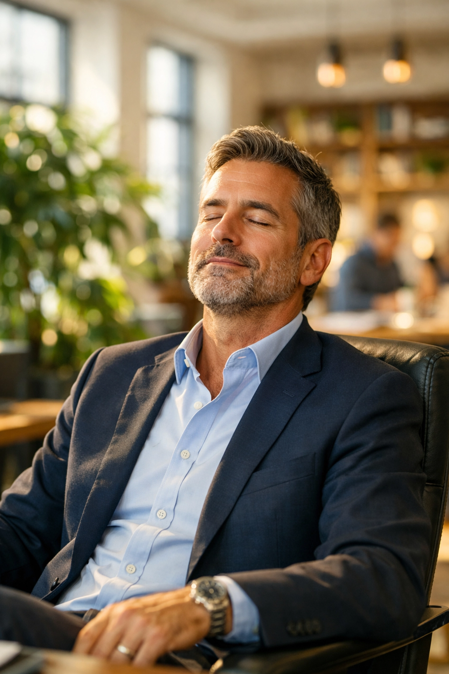 A peaceful leader in a modern office taking a deep breath to manage stress and gain mental clarity.