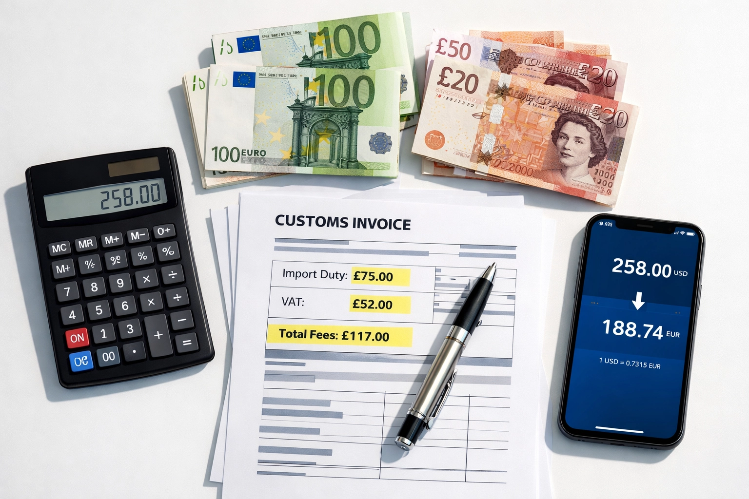 Customs duty calculation with British pounds, euros, and import invoices