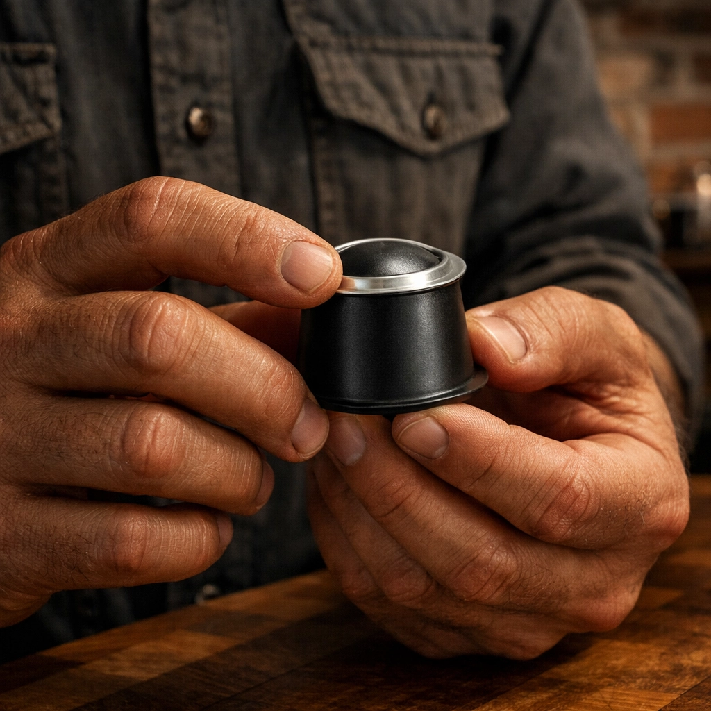 A person holding a durable, high-quality coffee pod built to withstand pressure and prevent exploding K-cups.