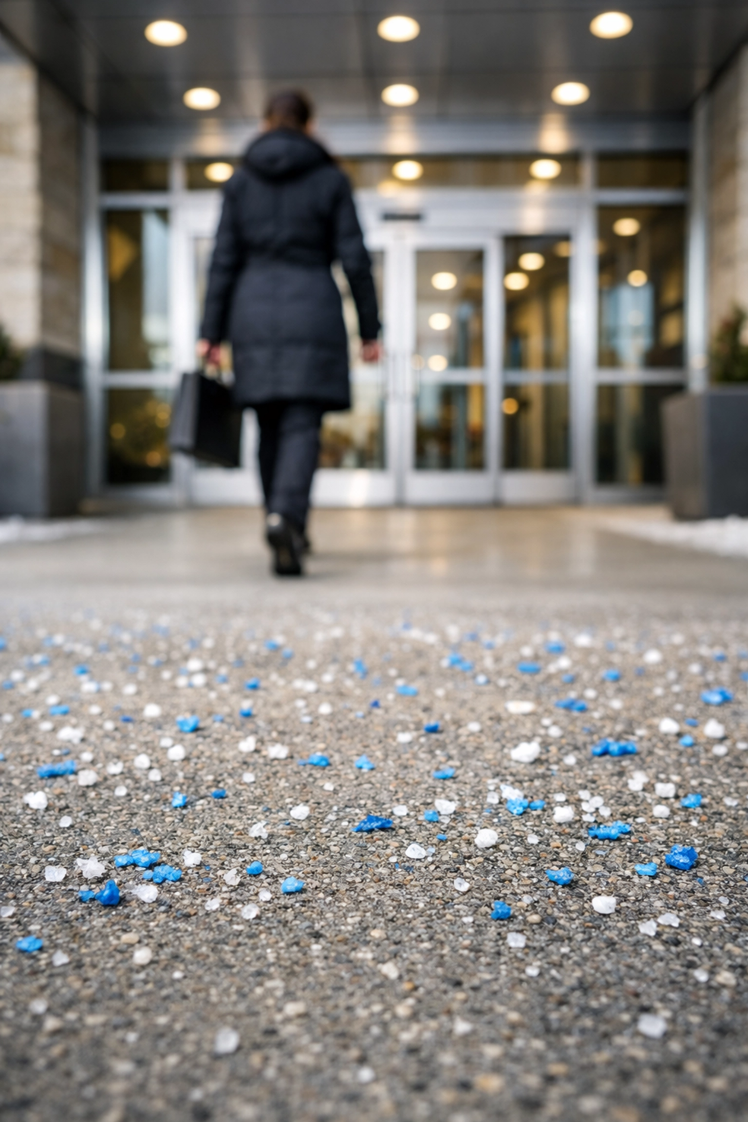 Safe, ice-melt treated commercial walkway in NYC, showing professional property maintenance.