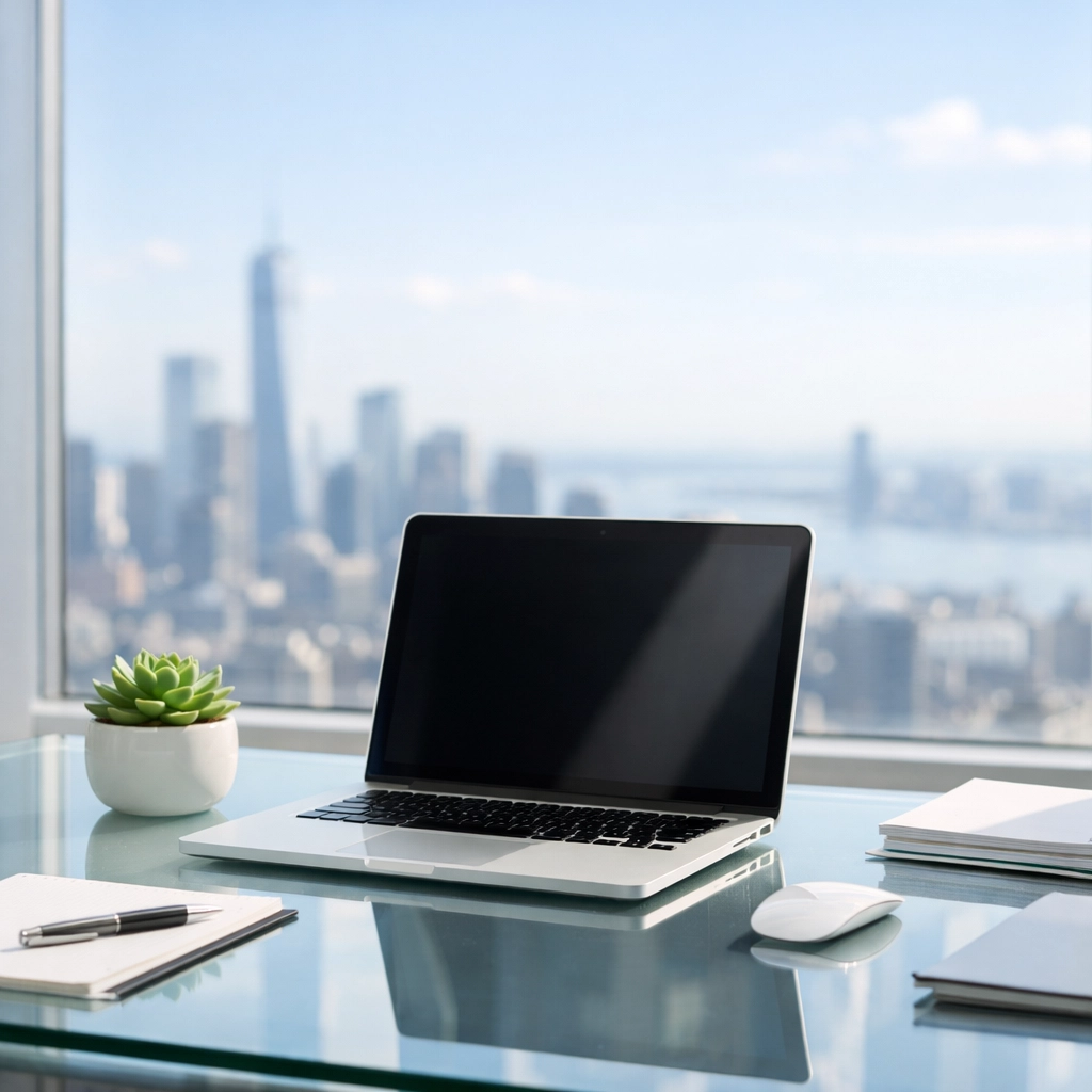 A clean, organized glass desk in a high-rise Chicago office overlooking the city skyline.