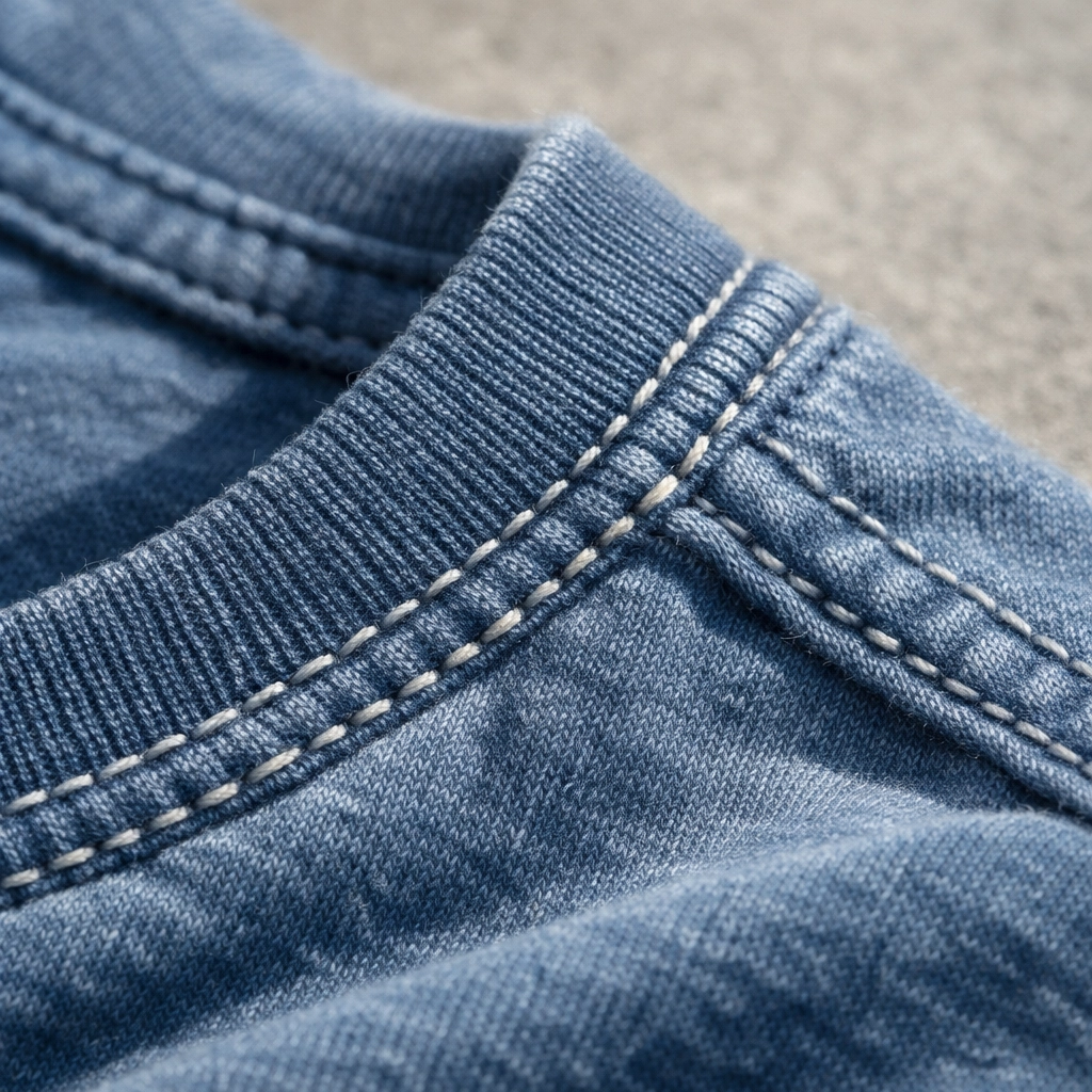 Close-up of high-quality garment-dyed summer camp t-shirt showing premium fabric detail