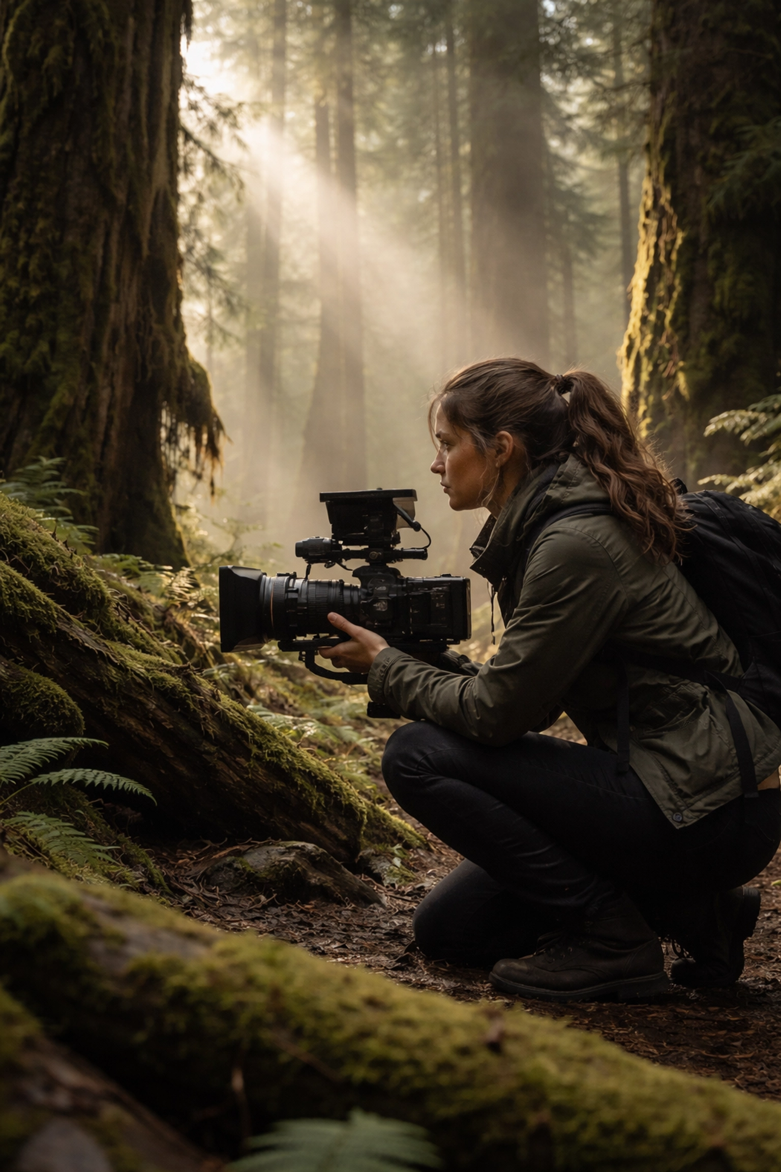 Female cinematographer filming among mossy old-growth trees in a lush Pacific Northwest forest.
