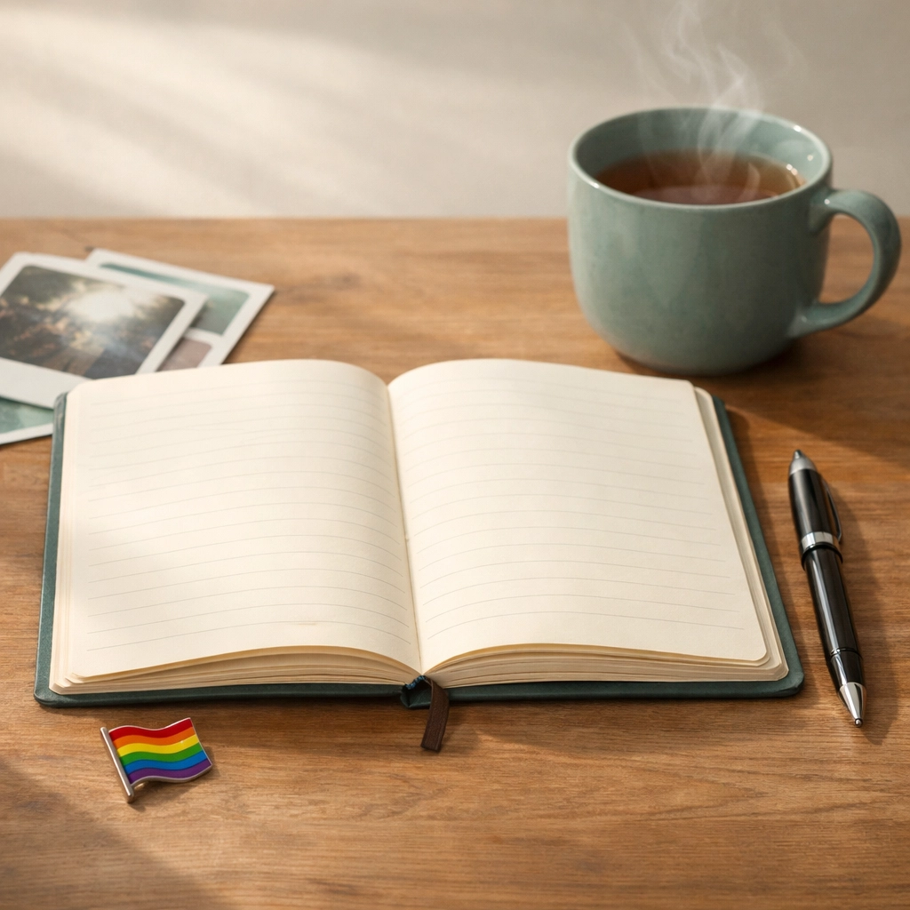 Open journal with pride pin suggesting identity exploration and narrative therapy work
