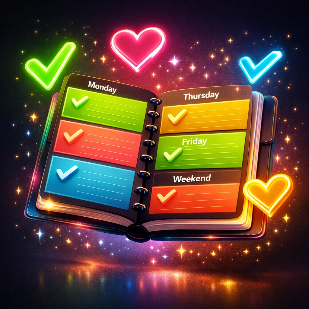 Weekly planner with checkmarks for scheduling relationship boundary check-ins