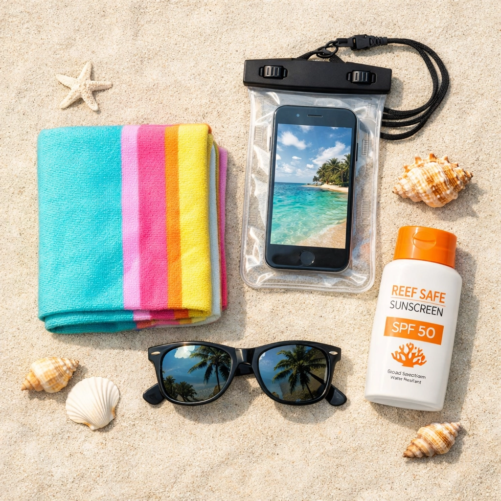 Essential cruise shore excursion gear including a waterproof pouch and beach towel.