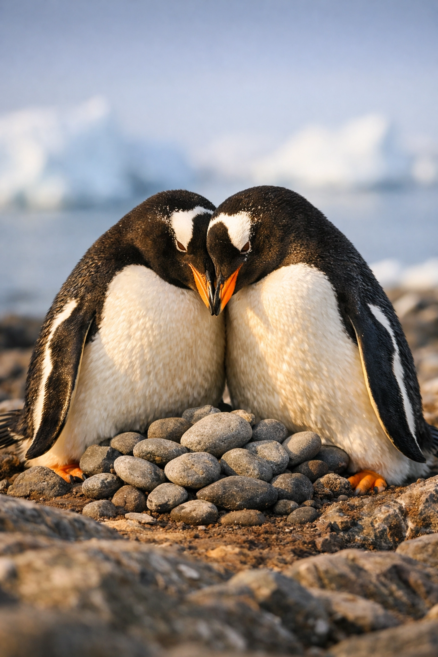 Two male Gentoo penguins nesting together in Antarctica, reflecting domestic bonds in nature.
