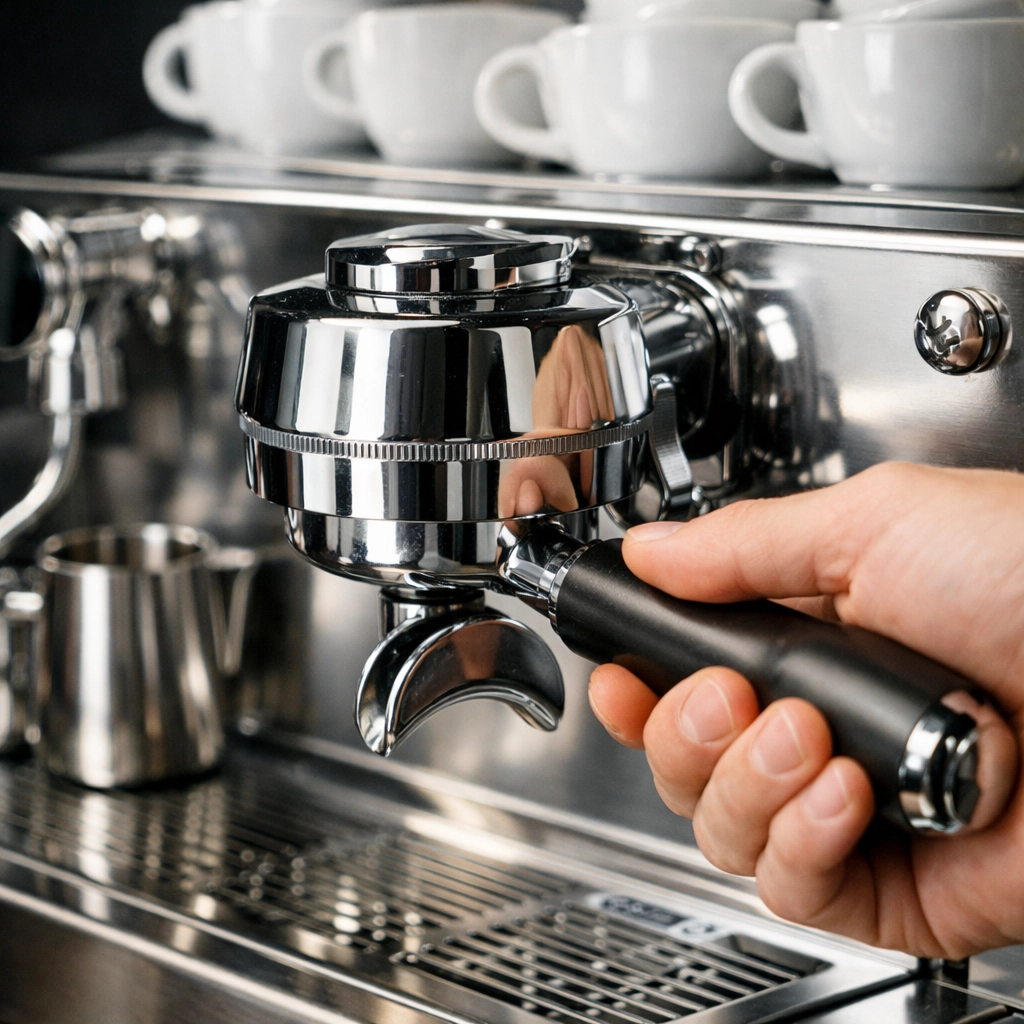 Close-up of a barista using a professional espresso machine, highlighting equipment maintenance.